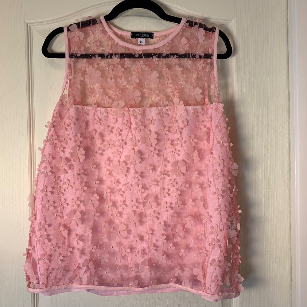 Valzère Pink Floral Tulle Sleeveless Top Sheer Overlay Spring Summer Size‎ 40